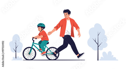 Vector illustration of a father helping his young son learn to ride a bicycle in a park with trees in the background.