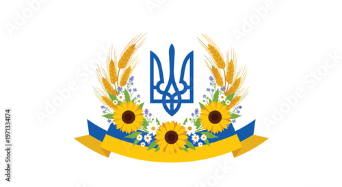 National emblem of Ukraine featuring the trident symbol, sunflowers, wheat stalks, and a blue and yellow ribbon.