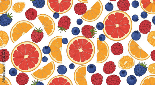 Vibrant seamless pattern filled with slices of oranges grapefruits raspberries and blueberries on a white background.