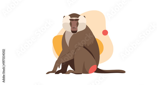 Characterful baboon sitting calmly in front of soft abstract yellow and pink shapes on a clean white background.