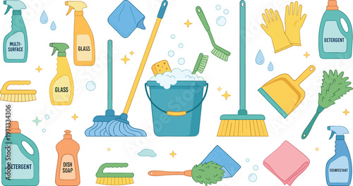 Comprehensive Household Cleaning Supplies Illustration Set Featuring Mops, Buckets, Detergent Bottles, Protective Gloves, Brushes, and Sponges for Professional Janitorial and Domestic Service Marketin