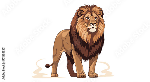 Powerful male lion with a thick dark mane standing majestically on a dusty ground against a clean white background.