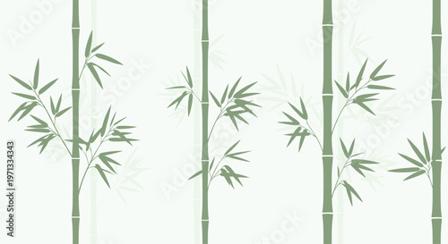 Calm and serene seamless pattern featuring delicate green bamboo stalks and leaves on a very light green background.