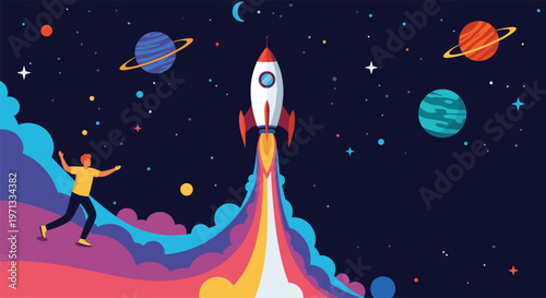 Enthusiastic young man watching a colorful rocket launch into the starry night sky filled with planets and cosmic clouds.