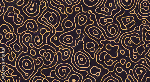 Abstract seamless pattern with organic golden liquid lines forming intricate wavy shapes on a dark purple background.