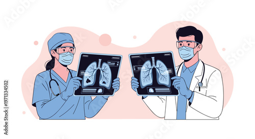 Medical professionals in scrubs and lab coats examining chest X-ray scans of lungs in a clinical setting.