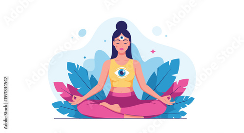 Spiritual illustration of a woman meditating in a lotus pose featuring symbolic third eye and chest eye elements for zen and mindfulness.