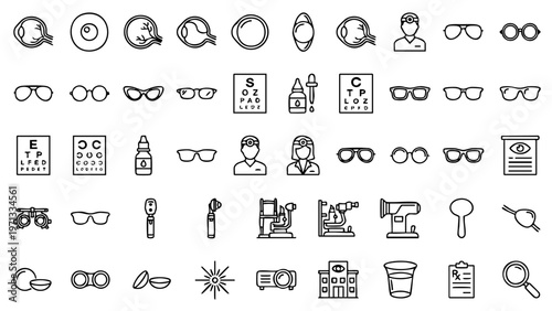 Minimal optometry icon set featuring charts, glasses, and eye examinations