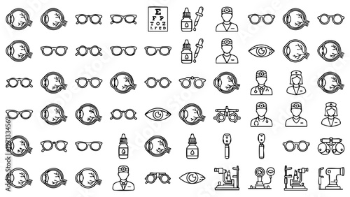 Minimal optometry icon set featuring charts, glasses, and eye examinations