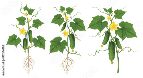 Educational botanical illustration of cucumber plants showing roots, leaves, yellow flowers, and ripe green vegetables.