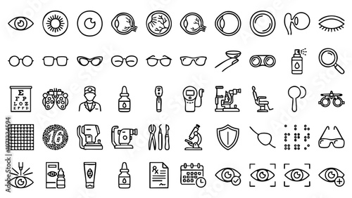 Minimal optometry icon set featuring charts, glasses, and eye examinations