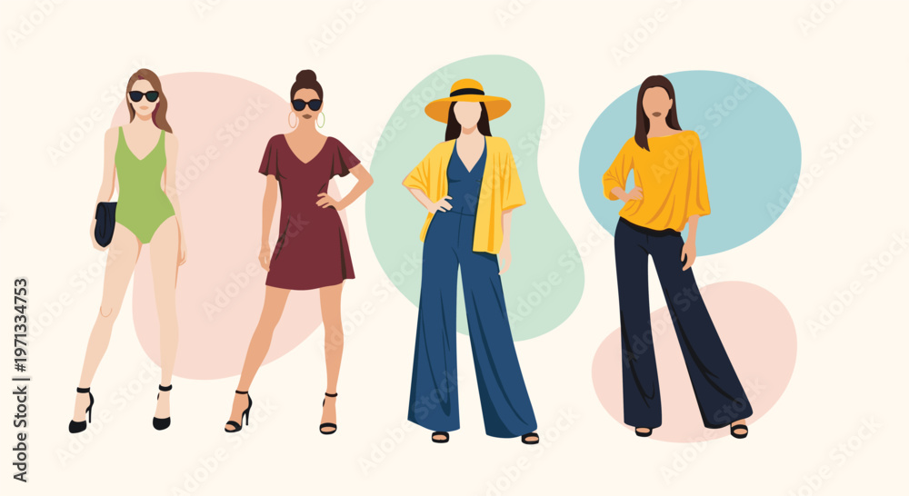 Fototapeta premium Fashionable women standing together wearing trendy summer outfits like swimsuits, dresses, and wide-leg trousers in a set.