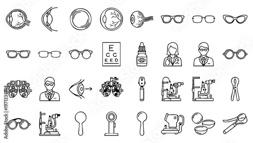 Minimal optometry icon set featuring charts, glasses, and eye examinations