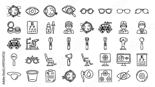 Minimal optometry icon set featuring charts, glasses, and eye examinations