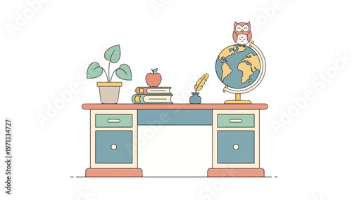 Old fashioned wooden teachers desk flat vector illustration. School education and learning concept. Isolated on transparent background