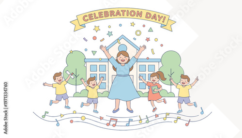 Teacher celebrating with students flat vector illustration. School building and celebration day banner concept. Festive graphic isolated on transparent background