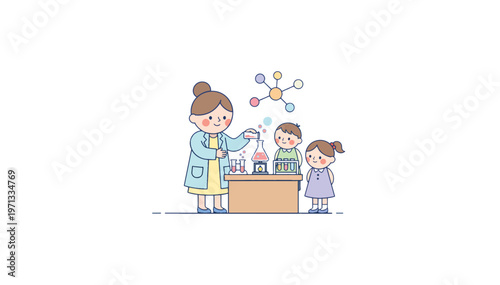 Teacher demonstrating science experiment to students flat vector illustration. Chemistry laboratory and STEM education concept. Graphic isolated on transparent background