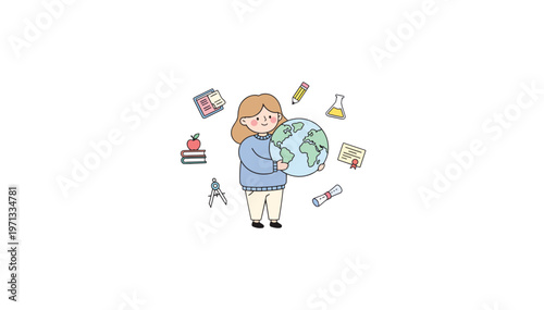 Teacher holding globe flat vector illustration. Education and school subjects concept with floating academic icons. Graphic isolated on transparent background