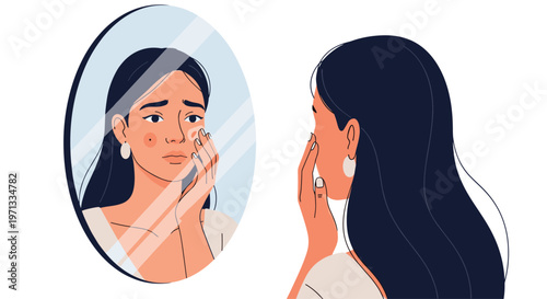 Concerned young woman looking at her reflection in a mirror while applying treatment to a skin blemish or acne on her cheek.