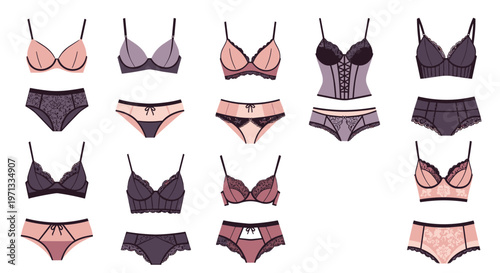 Selection of stylish women lingerie sets featuring various bra and panty designs in pink and purple lace.
