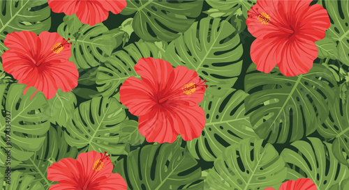 Tropical seamless pattern featuring large vibrant red hibiscus flowers and lush green monstera deliciosa leaves on a dark background.