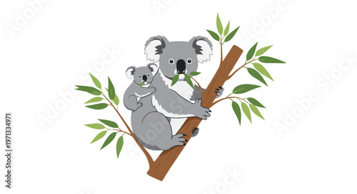 Sweet illustration of a mother koala with her baby joey on her back clinging to a eucalyptus tree branch with fresh green leaves.