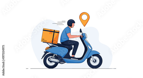 Delivery service worker riding a blue scooter with a large box on the back navigating to a location indicated by a pin.
