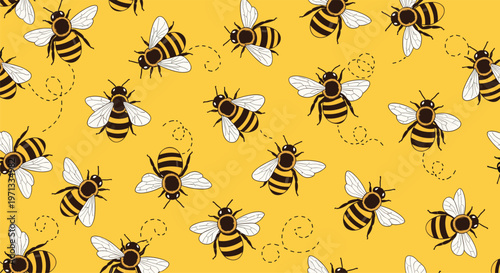 Cheerful seamless pattern of busy honeybees flying through the air with dotted flight paths on a bright golden yellow background.