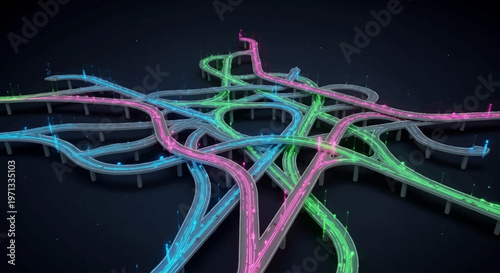 A complex, multi-colored highway interchange at night, with glowing lanes and traffic.
