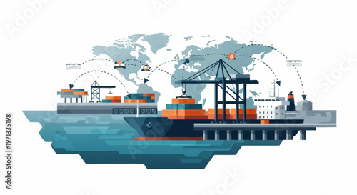 Global shipping and logistics network illustration with cargo ships and cranes at a port.