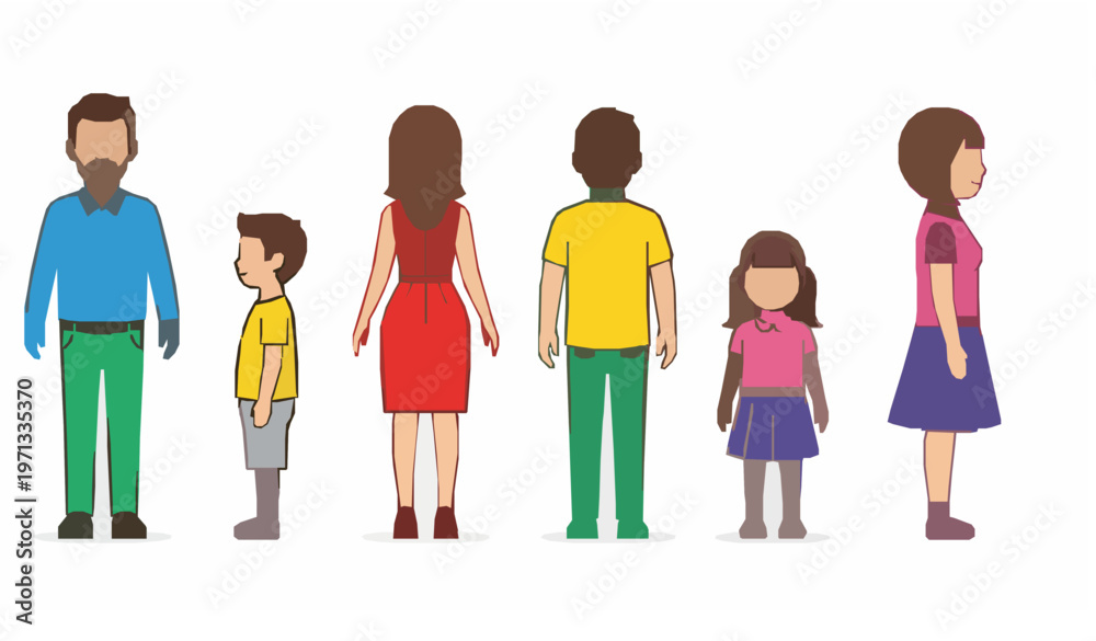 Fototapeta premium Family Characters Front Back Side View Flat Cartoon Vector Set