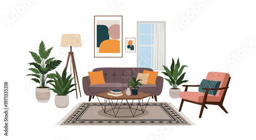 Stylish modern living room interior design featuring a grey sofa a pink armchair a coffee table and many lush green indoor plants.