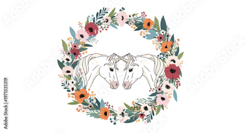 Vibrant floral wreath encircling two graceful white unicorns facing each other with colorful blooms and lush greenery for magical designs.