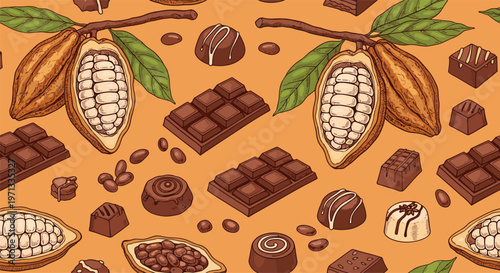 Mouth-watering seamless pattern of cocoa pods chocolate bars assorted pralines and cocoa beans on a warm orange-brown background.