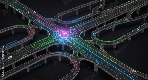 Futuristic smart city highway interchange with glowing traffic lanes and autonomous vehicles.