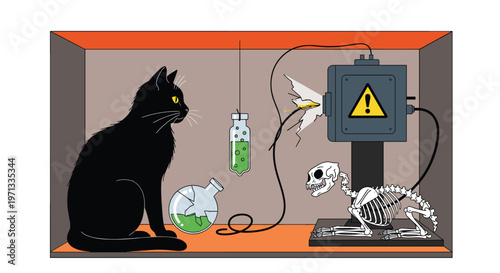 Conceptual illustration representing Schrodingers cat paradox with a black cat and its skeleton in a box with a radioactive device and poison.