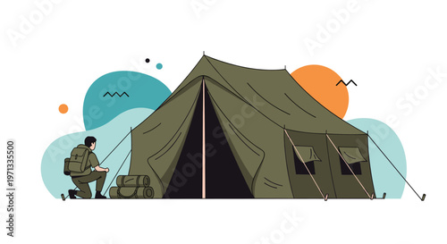 Soldier in full military gear kneeling on the ground next to a large olive green army tent in an outdoor campsite setting.