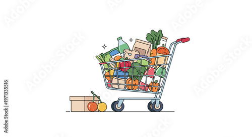 Detailed illustration of a metal shopping cart overflowing with fresh groceries including vegetables, fruits, and bottled goods for retail.