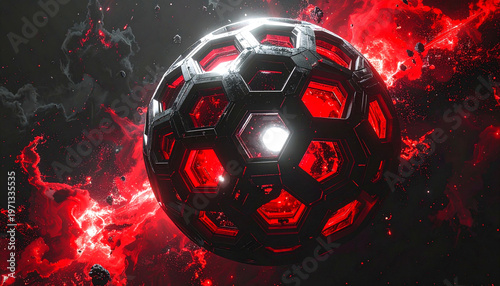 Stylized red geometric sphere in cosmic nebula