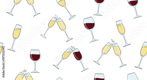 Celebration pattern with glasses of sparkling champagne and red wine clinking in a festive toast for special occasions.