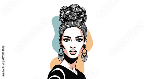 Elegant woman with an intricate hair bun and stylish earrings shown against abstract shapes for a modern fashion portrait.