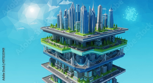 A futuristic, multi-layered city with skyscrapers and green spaces, floating in a clear blue sky.
