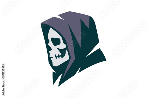 A stylized depiction of a grim reaper skull with a dark purple hooded cowl presented in a minimalist vector style on transparent background.