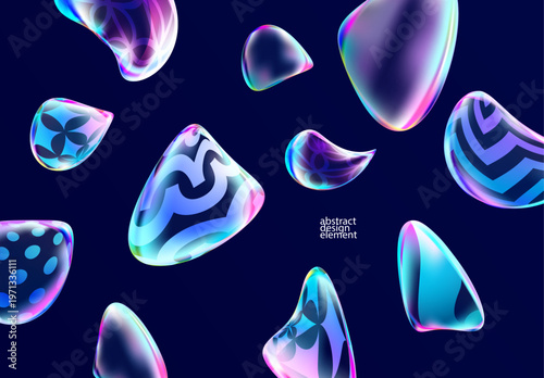 3D Iridescent glass bubbles . Decoration fluid shapes on dark background. Liquid glass wallpaper.