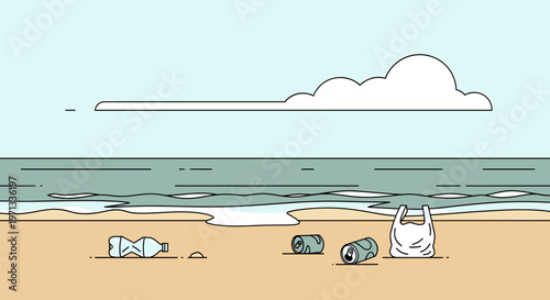 Minimal Cartoon Outline Polluted Beach Scene Soft Natural Palette