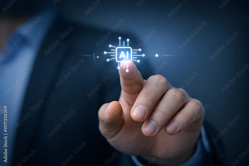 Naklejka premium Hand Pointing at AI Chip Icon - Artificial Intelligence Technology Concept