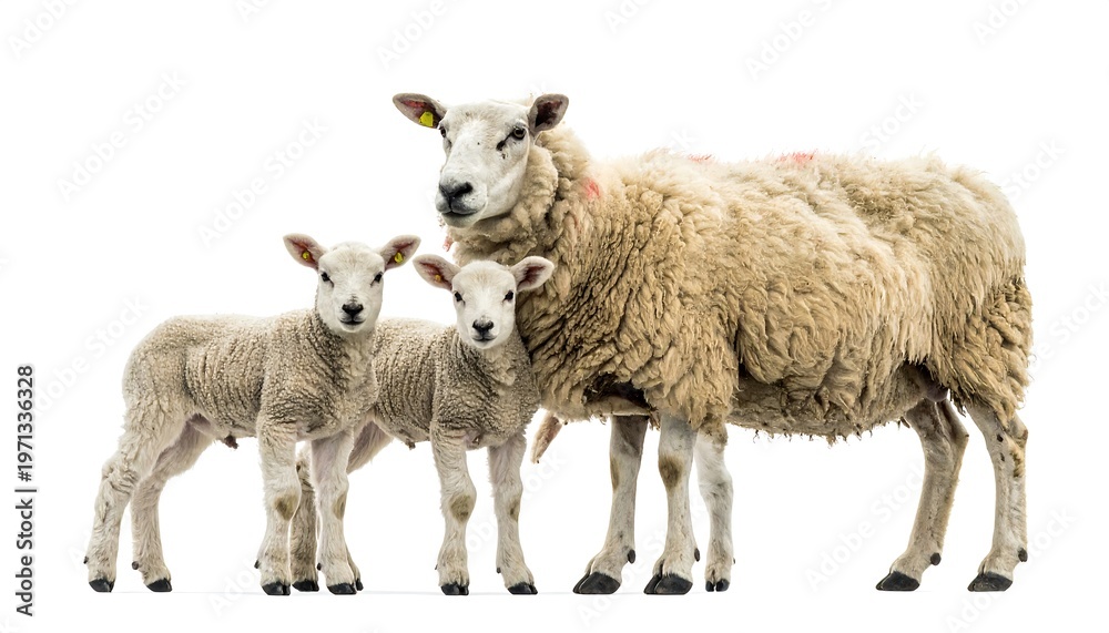 Fototapeta premium A mother sheep and her two adorable lambs stand together against a bright white backdrop. Their wool is fluffy