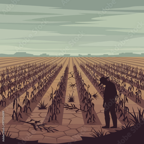 Farmer Silhouette in Drought-Stricken Field, Dead Crops, Cracked Earth