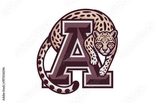 A stylized illustration of a jaguar gracefully positioned on and around a large maroon letter a on transparent background high-quality professional.