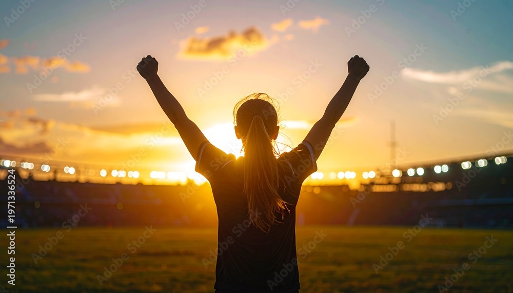 Fototapeta premium Silhouette of Soccer Player Celebrating Goal at Sunset 